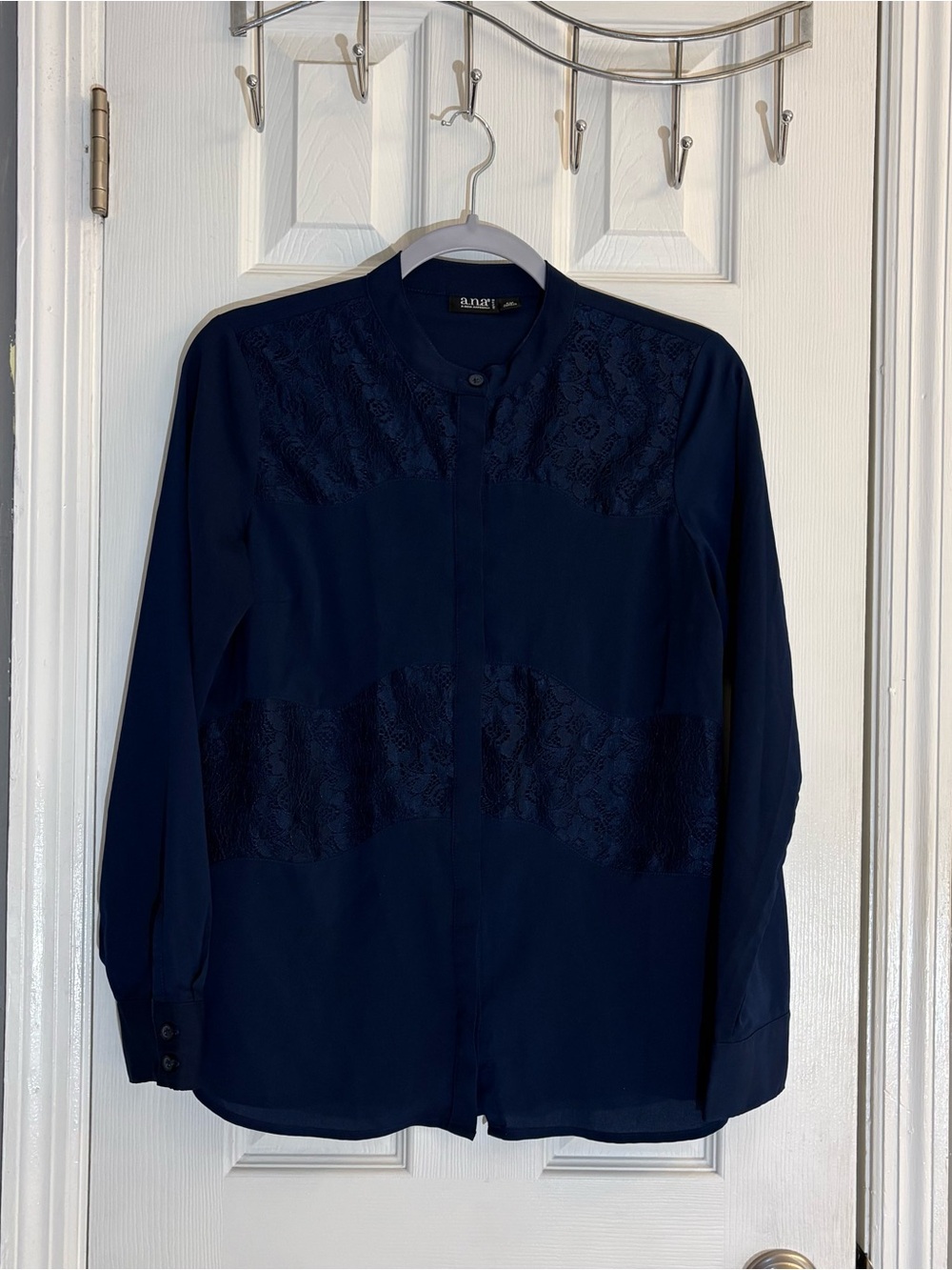 ana Women's Petite Medium Navy Blue Long Sleeve Blouse Lace Accents Chiffon PM.